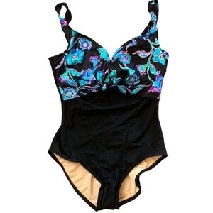 One Piece Bathing Suit Black with Blue Floral Front Tie Size 12